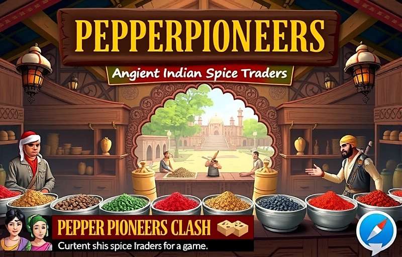 Pepper Pioneers Clash Official Cover Art Pepper Pioneers Clash game cover featuring ancient Indian spice traders in a marketplace with various spices displayed