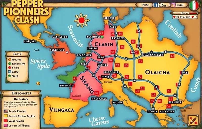 Pepper Pioneers Clash Advanced Strategies Illustration showing a player's strategy board for Pepper Pioneers Clash with spice routes, resource management plans, and diplomatic strategies mapped out