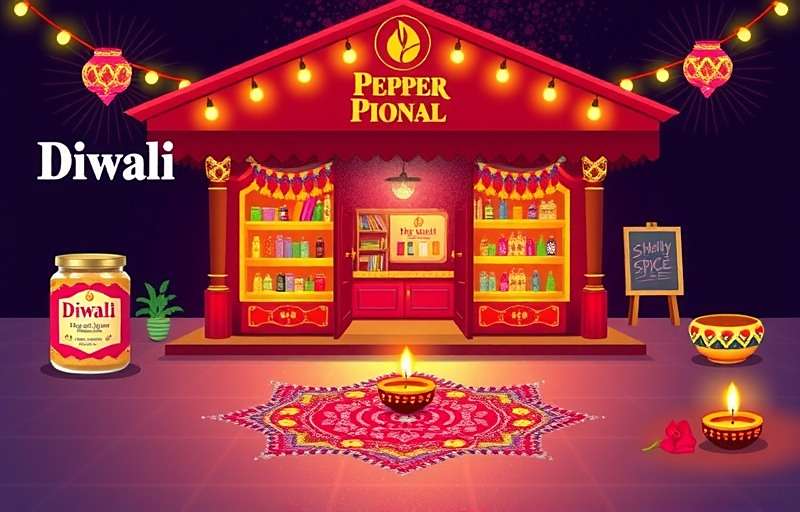 Pepper Pioneers Clash Diwali Celebration Event Pepper Pioneers Clash Diwali event showing a virtual marketplace decorated with diyas and rangoli, with special festival spice packages available