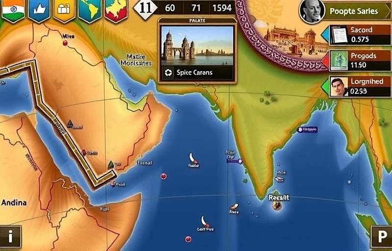 Pepper Pioneers Clash Gameplay Screenshot Pepper Pioneers Clash gameplay showing a player managing spice caravans and negotiating trade deals on a map of ancient India